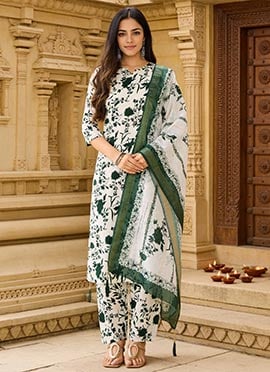 Off White Silk Blend Printed Straight Pant Suit