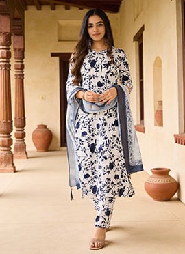 Off White Silk Blend Printed Straight Pant Suit