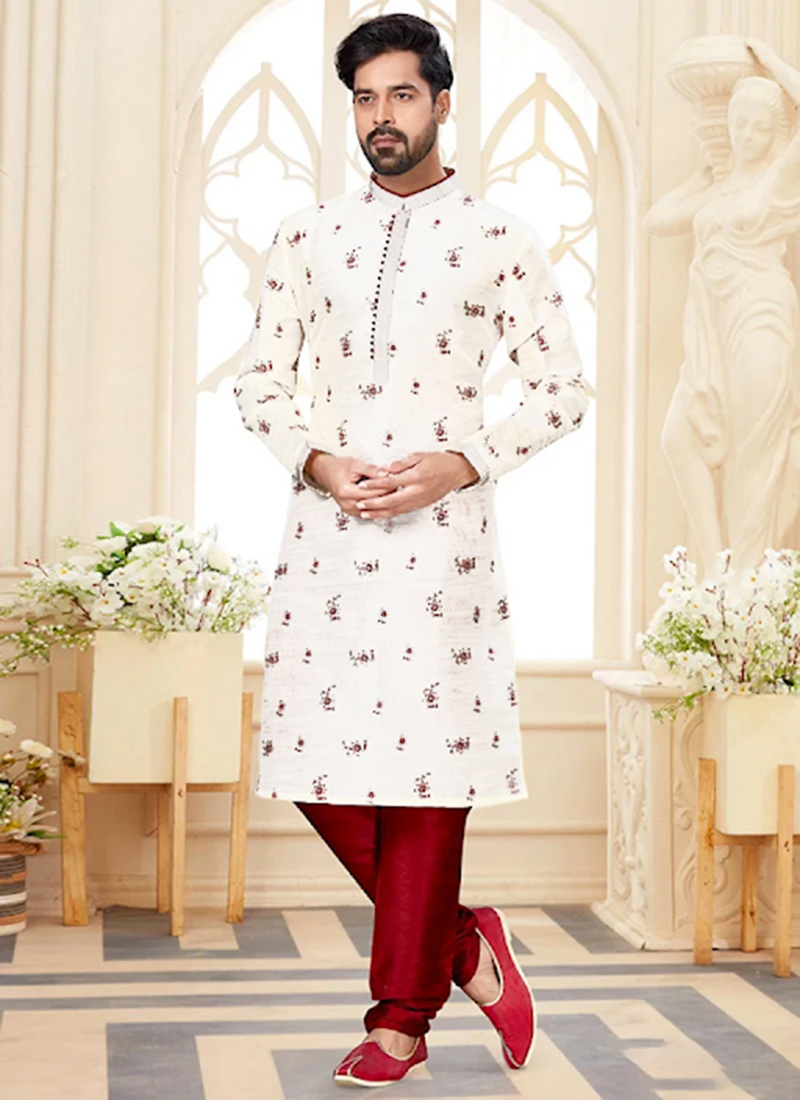 Off White Silk Dupion Kurta Pyjama Party Wear