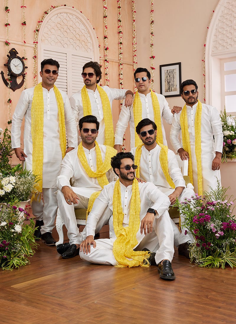 Off White Silk Kurta Pyjama With Stole For Men Festive Wear
