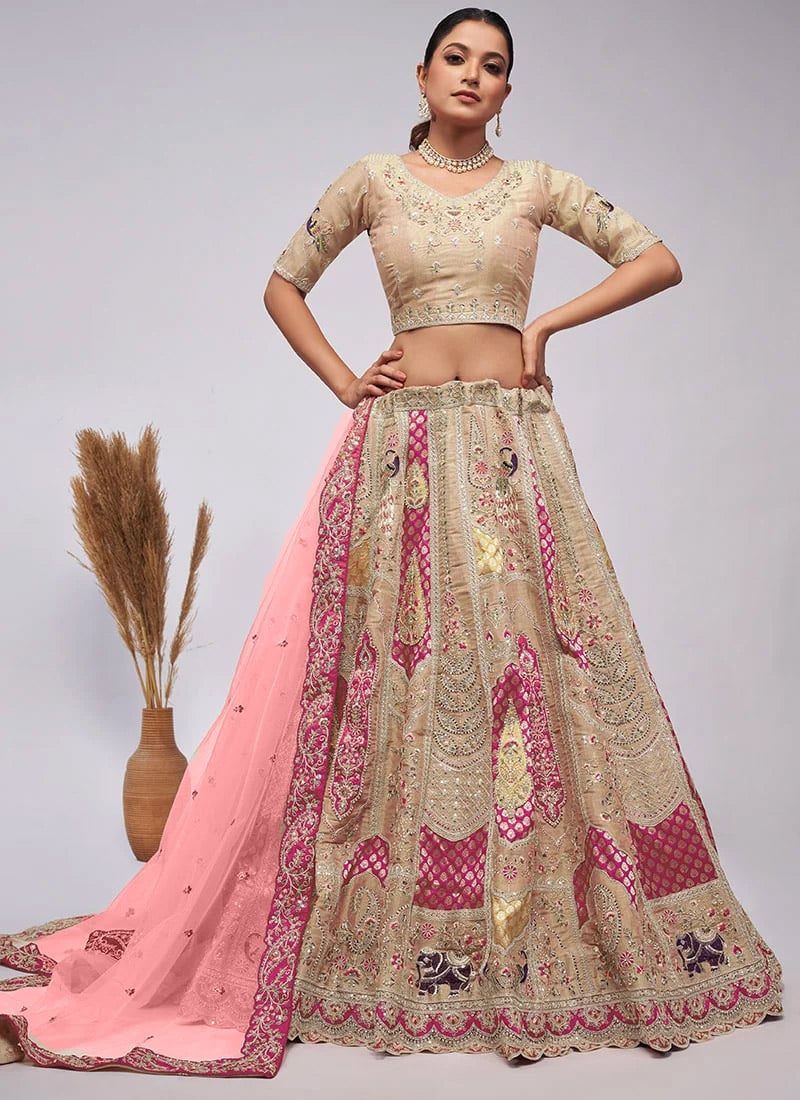 Off White Silk Zari Wedding A Line Lehenga Embossed With Embroidery And Sequins
