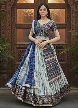 Off White Slub Cotton Thread Shibori Digital Print Chaniya Choli