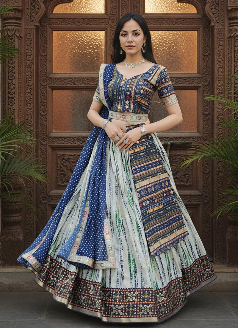 Off White Slub Cotton Thread Shibori Digital Print Chaniya Choli