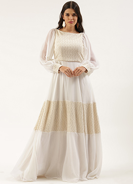 Off White Viscose Embroidered N Sequins Gown