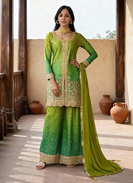 Olive Green Chinon Silk Bandhini Print Embroidered With Mirror Work Sequins Palazzo Suit