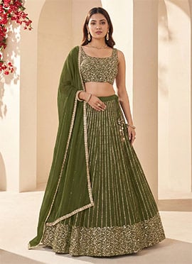 Olive Green Georgette Zari Embroidered Sequins Stunning Lehenga