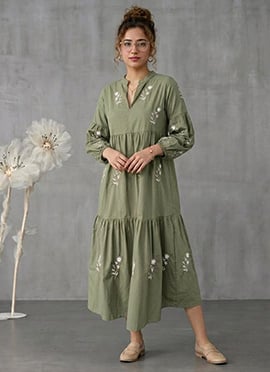 Olive Green Muslin Tiered Midi Dress With Embroide