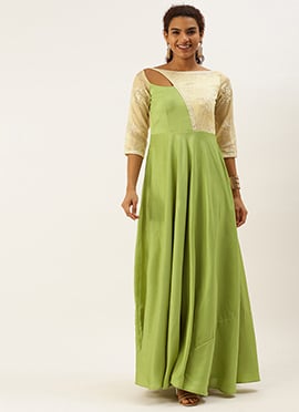 Olive Green N Off White Art Silk Embroidered Gown