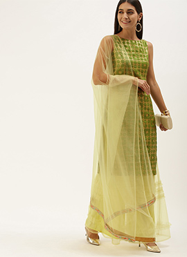 Olive Green N Yellow A line Palazzo Suit