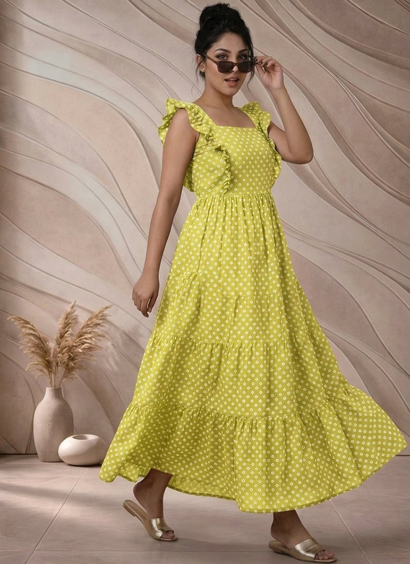 Olive Green Printed Cotton Maxi Dress After Six Wear