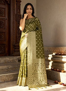Olive Green Shimmer Silk Zari Woven Saree