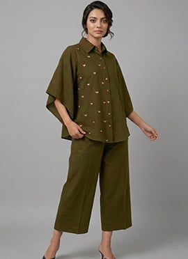 Olive Green Whisper Rayon Cotton Co Ord Set