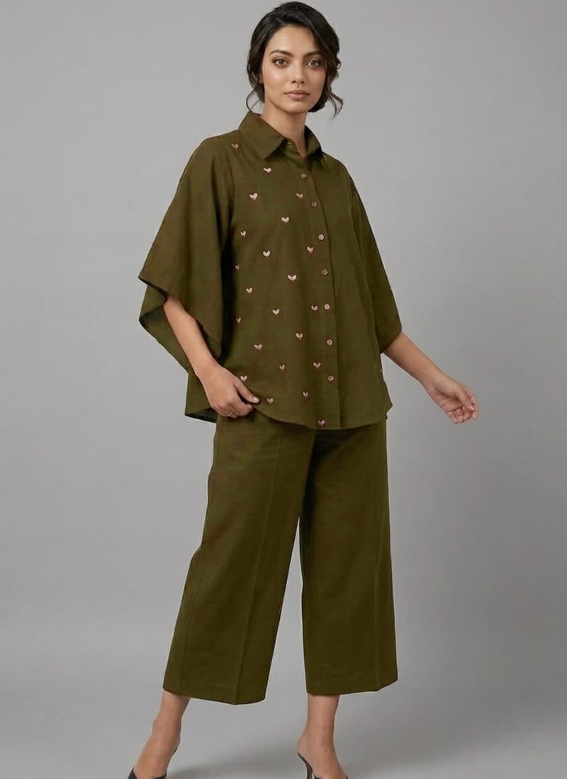 Olive Green Whisper Rayon Cotton Co Ord Set After Six Wear