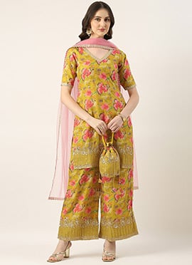 Olive Organza Embroidered Wide Leg Pant Suit