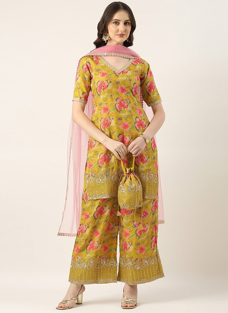 Olive Organza Embroidered Wide Leg Pant Suit Festive Wear