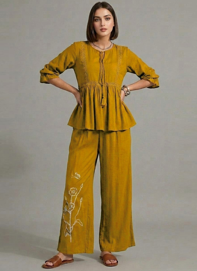 Olive Yellow Linen Cotton Beautiful Co Ord Set After Six Wear