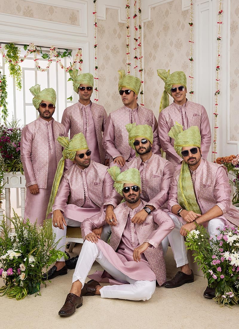 Onion Pink Banarasi Silk Embroidered Bandi Set