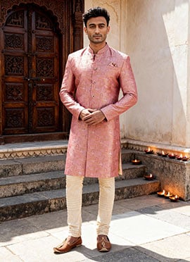 Onion Pink Jacquard Silk Classic Sherwani