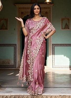 Onion Pink Silk Hand Embroidered Stone And Beads Work Saree