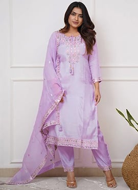 Onion Pink Viscose Chanderi Embroidered Sequins Staight Pant Suit