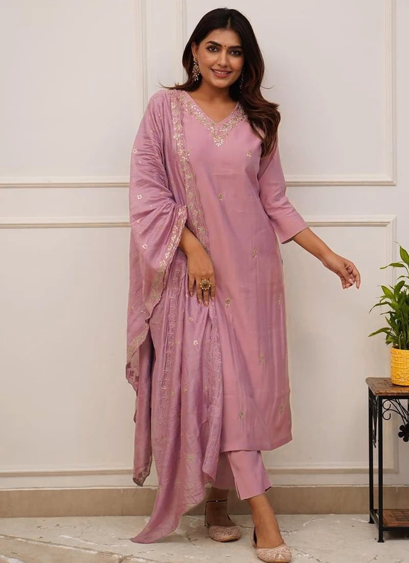 Onion Pink Viscose Chanderi Embroidered Sequins Straight Pant Suit After Six Wear