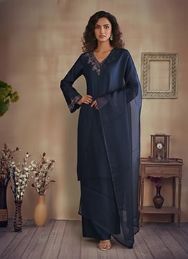 Opulent Blue Silk Resham Embroidered Salwar Suit