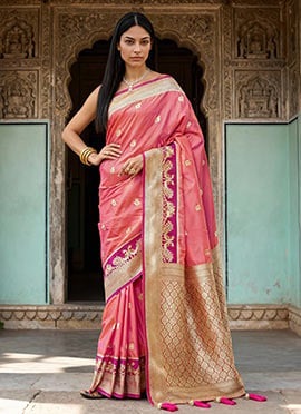 Orange Banarasi Silk Jacquard Zari Saree