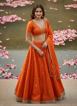 Orange Banglory Silk Zari Hand Embroidered Sequins With Stone Work Lehenga