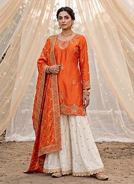 Orange Chinon Silk Embroidered Sequins Palazzo Suit