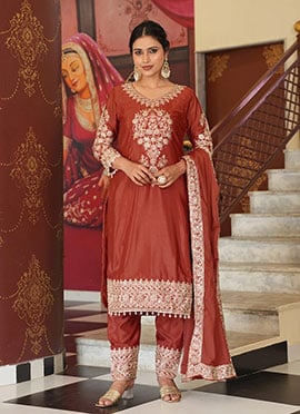Orange Chinon Silk Embroidered Sequins Straight Pant Suit Festive Wear