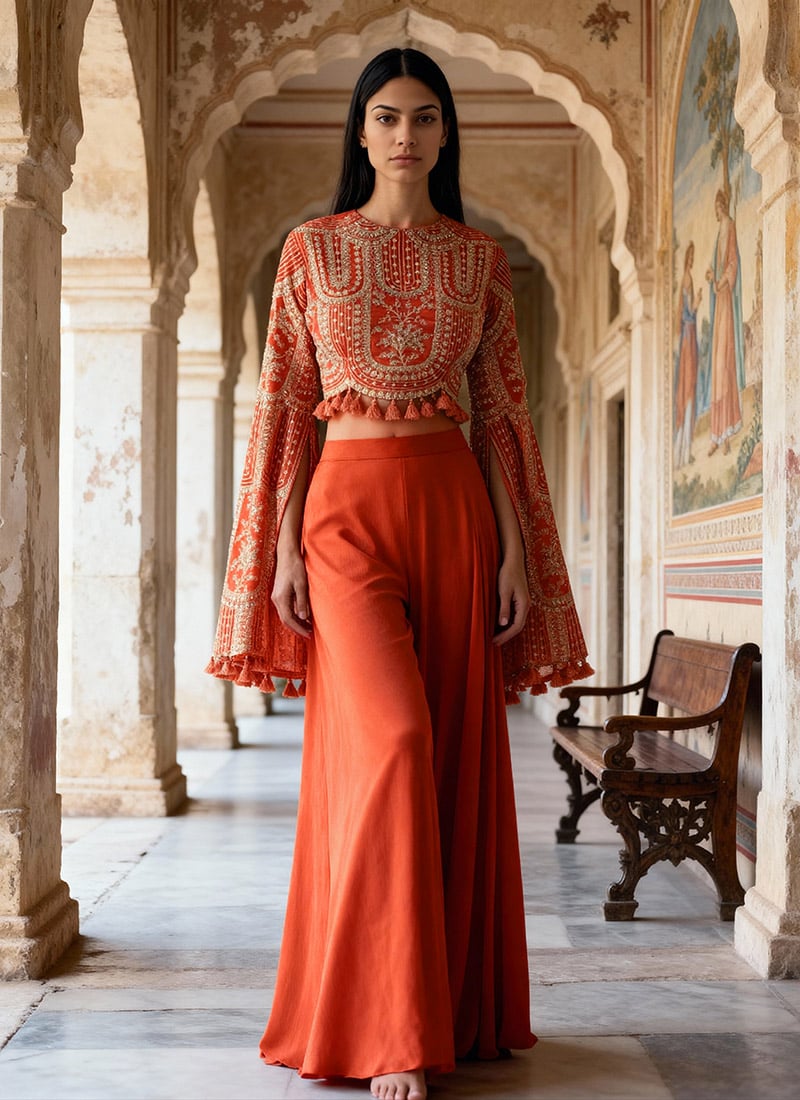Orange Chinon Silk Embroidered Stone Sequins Indowestern Palazzo Suit Wedding Wear