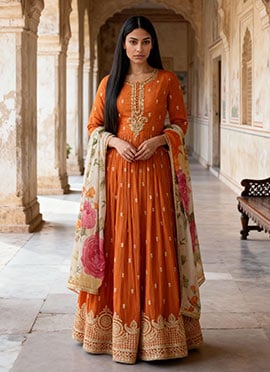 Orange Chinon Silk Zari Sequins With Beads Work Anarkali Suit With Printed Dupatta