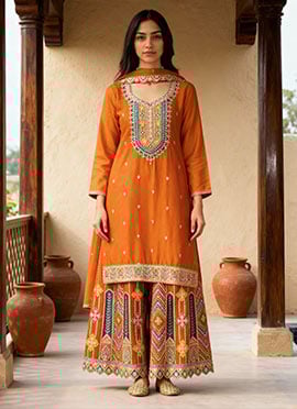 Orange Chinon Zari Embroidered Sequins Gorgeous Palazzo Suit