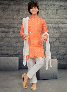 Orange Cotton Kids Boys Indowestern Sherwani