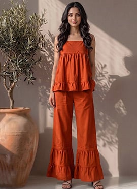 Orange Cotton Sleeveless Ruffle Hem Co Ord Set