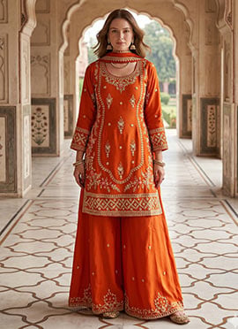 Orange Crepe Silk Embroidered Palazzo Suit