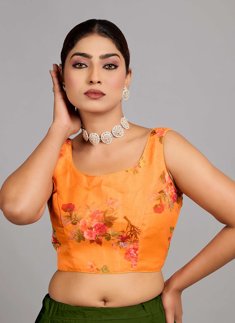 Orange Digital Printed Organza Sleeveless Blouse Festive Wear