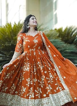 Orange Faux Georgette Gota Embroidered Sequins Anarkali Suit