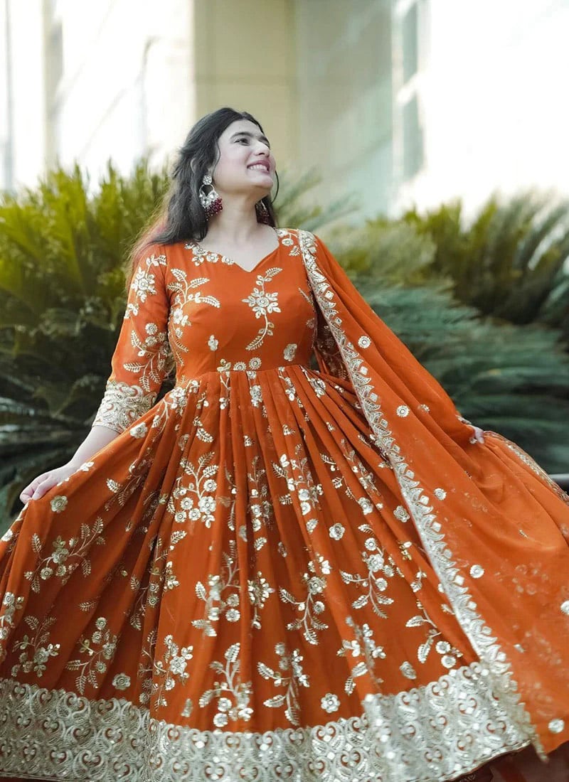 Orange Faux Georgette Gota Embroidered Sequins Anarkali Suit Festive Wear