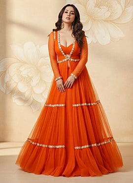 Orange Faux Georgette Ready Lace Work Indowestern Set