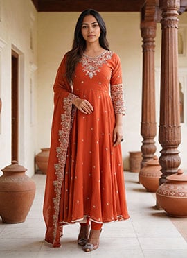 Orange Faux Georgette Sequins Embroidered Anarkali Suit