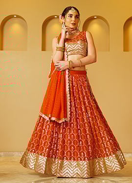 Orange Faux Georgette Zari Embroidered Sequins Classy Lehenga