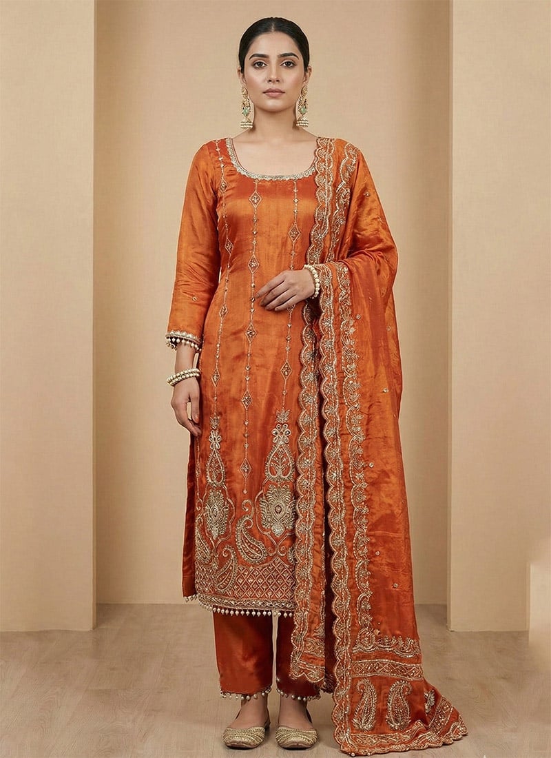 Orange Fendy Silk Sequin Straight Pant Suit Festive Wear