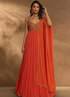 Orange Georgette Resham Beads Hand Embroidered Anarkali Suit