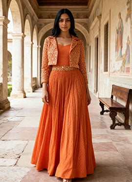 Orange Georgette Zari And Embroidered Sequins Gown