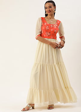 Orange N Off White Printed Dress