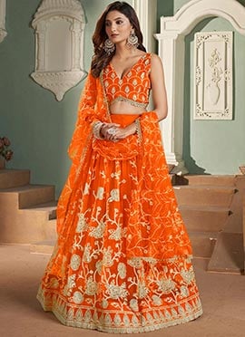 Orange Net Embroidered Sequins Umbrella Lehenga