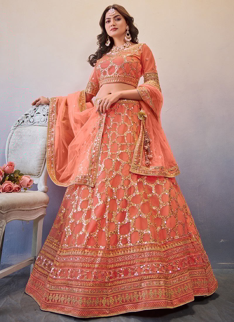 Orange Net Sequins Umbrella Lehenga