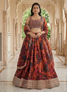 Orange Organza Sequins Zari Digital Print Embroidered Umbrella Lehenga