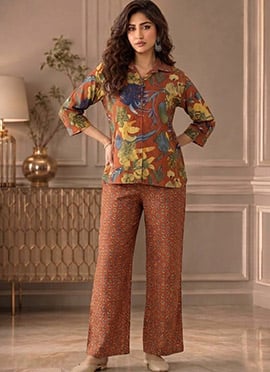 Orange Printed Cotton Co Ord Pant Set